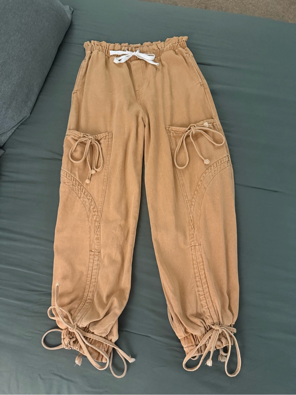 Khaki Y2K Barrel Leg Cargo Jeans Drawstring Parachute Pants L
